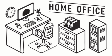 Modern Simple Clean Home Office Workspace Desk Chair Computer Bookshelf Files Binders Clock Plant Isometric Black and White Line Art Furniture Design Style Drawing