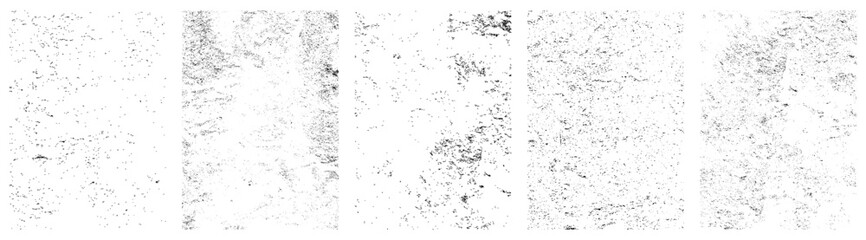 Set of different distressed black grain texture. Grunge overlay textures with dust grain isolated on white background.Simply Place illustration over any Object to Create grungy Effect.