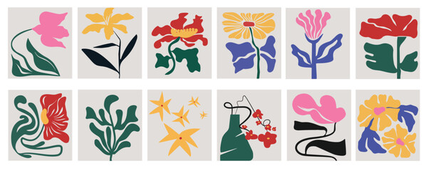 Botanical doodle background art vector set. Flower and leaves abstract shape doodle art design for print, wallpaper, clipart, wall art for home decoration