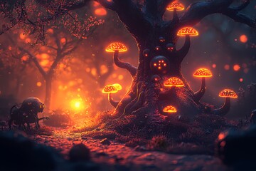 Enchanted Luminescence: A surreal forest scene, bathed in an otherworldly glow. Giant mushrooms illuminate the magical woods.