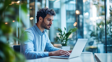Man with curly hair working on a laptop in a bright office space with plants and large windows behind him