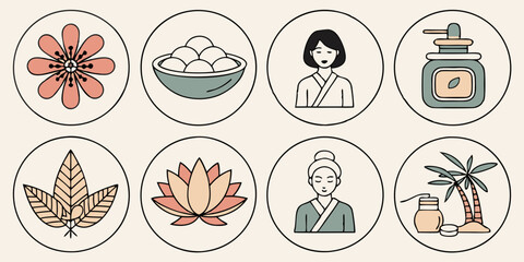 Korean Beauty Spa Icons Flower Lotus Herbal Skincare Women Hanbok Food Palm Tree Natural Muted Colors Line Drawing