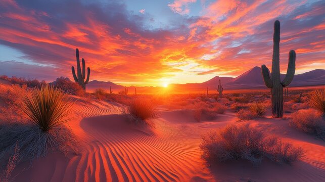 Tranquil desert landscape at sunset with rolling sand dunes and vibrant sky colors highlighting majestic cacti silhouettes