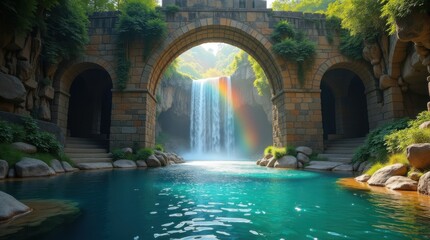 Enchanting rainbow doorway to a hidden waterfall serene nature scene lush environment tranquil viewpoint