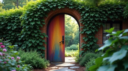 Vibrant rainbow door amidst lush greenery enchanting garden pathway peaceful nature scene outdoor view