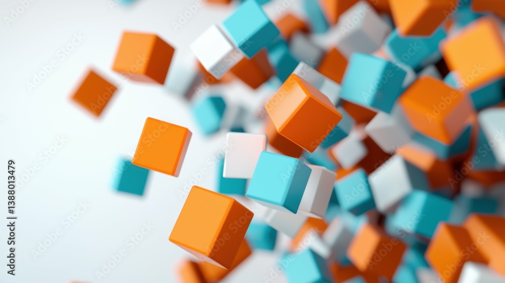 Poster dynamic tumbling effect of orange and blue pixel squares abstract animation digital space 3d perspec