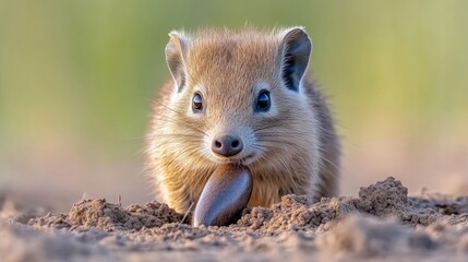 Naklejka premium Close-up of a small, light brown mammal, possibly a marsupial, looking directly at the camera while holding a dark object, likely food, in its mouth. It is positioned in the midst of light brown soil