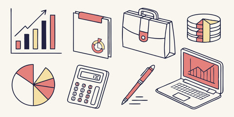 Business Finance Data Icons Outline Style Vector Illustration Charts Laptop Briefcase Calculator Pen Beige Pink Yellow