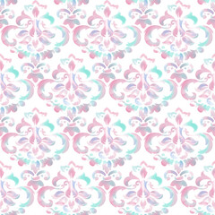 Seamless hand-painted watercolor damask pattern in soft vintage tones, ideal for elegant wallpaper, fabric, and bedding collections