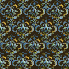 Seamless hand-painted watercolor damask pattern in soft vintage tones, ideal for elegant wallpaper, fabric, and bedding collections