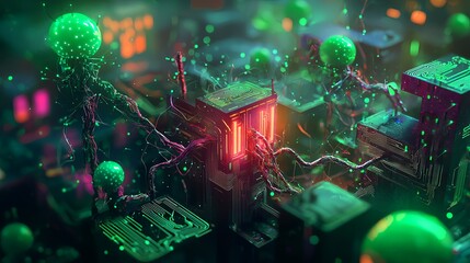 Cyberpunk Nexus: Neon-lit networks of futuristic technology and otherworldly entities coalesce in a mesmerizing display of digital artistry.