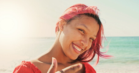 Smile, summer and happy young woman on beach for vacation, tourism and social media influencer. High quality photo