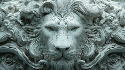 Fototapeta premium Close-up of a lion intense gaze, its intricately sculpted mane curling in soft waves.