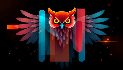 Abstract digital conceptual artwork of a colorful owl with geometric shapes and glowing feathers on a dark background, generative AI
