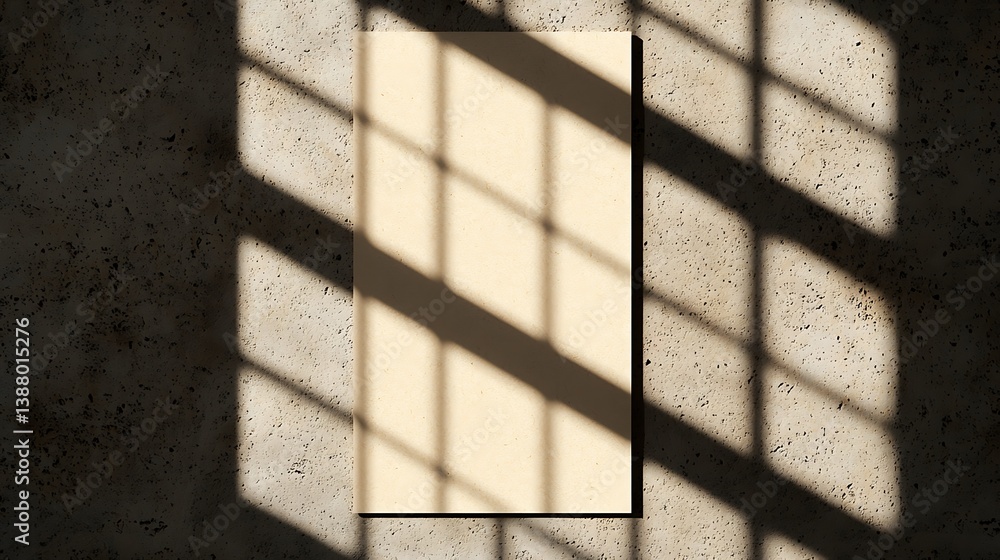 Aufkleber minimalist paper sheet on textured wall under window light creating shadows, offering a clean design