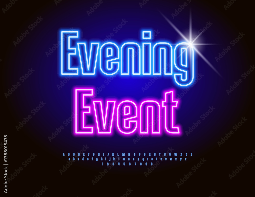 Poster vector glowing invitation evening event. elegant neon font.. set of fashion alphabet letters and num