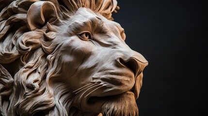 Dramatic lighting on a sculpted lions face, each strand of its mane carefully detailed.