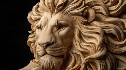 Obraz premium Dramatic lighting on a sculpted lions face, each strand of its mane carefully detailed.