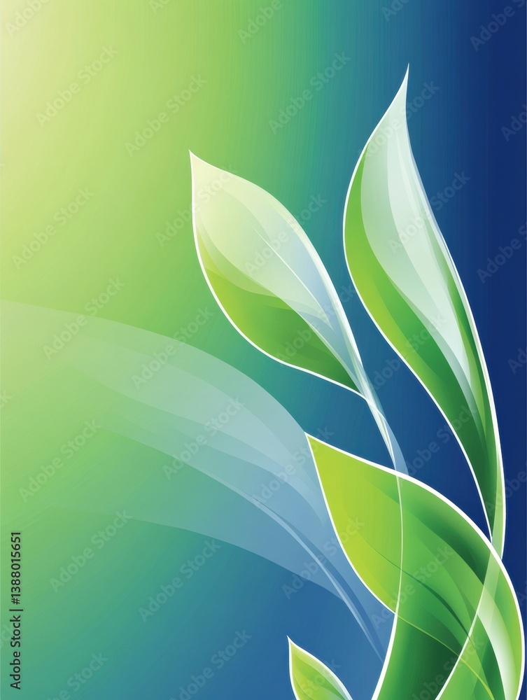 Poster gradient background featuring smooth transitions from deep blue to fresh green with elegant leaves, 