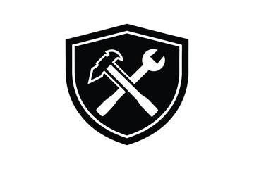 Silhouette art illustration logo design of a hammer crossed with wrench icon in shield.eps