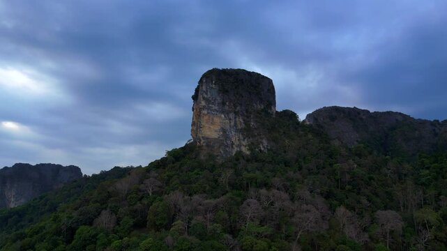 limestone cliffs emerging from tropical forest Majestic aerial view flight drone