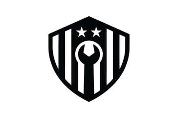 Silhouette art illustration logo design of a wrench and American flag icon in shield.eps