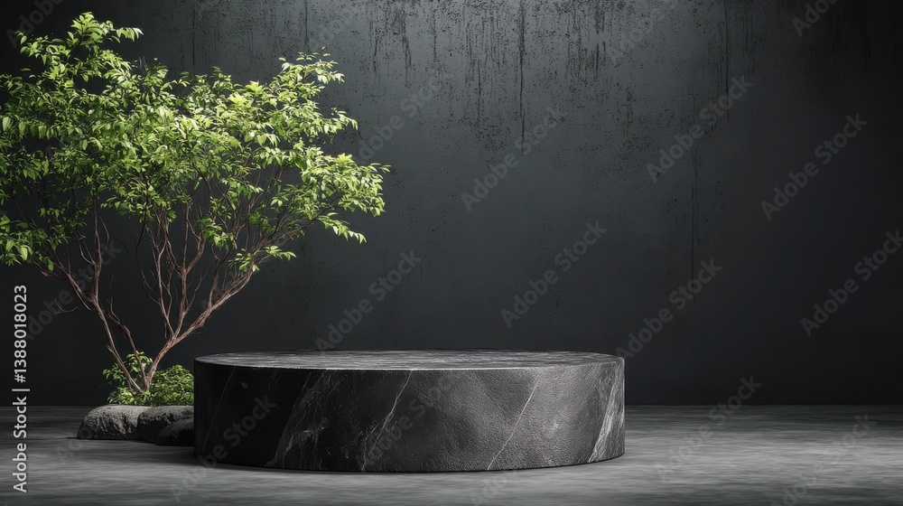Poster black stone pedestal background presentation 3d stage podium of abstract nature tree branch leaf or 