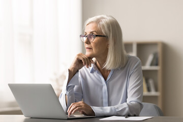 Strategic vision. Pensive thoughtful middle aged businesswoman freelancer sit at office table...