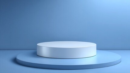 Blank product display on blue studio background with pedestal or podium. Empty showcase stand backdrops. 3D rendering.