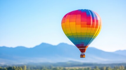 Fototapeta premium A vibrant rainbow-colored hot air balloon floats gracefully in the clear blue sky above a scenic mountain landscape during a bright sunny day.