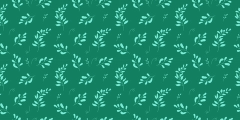 Seamless summer pattern of plants and green branches with leaves. Simple spring design. Vector delicate flat illustration on a dark green background.  for wedding decoration, cards, paper, wrappers