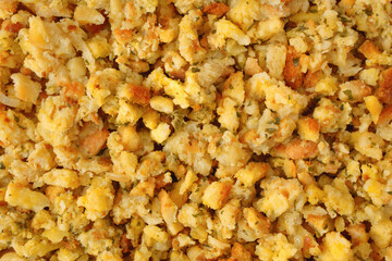 Overhead detail view of traditional turkey stuffing