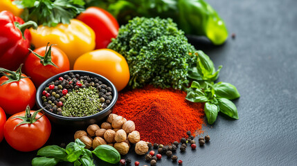 Close-Up of Colorful Spices and Fresh Vegetables with Space for Text