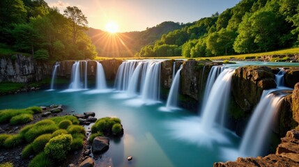 Cascade d'Ars in France at dawn, mild, sunny summer conditions, photographed from a panoramic viewpoint.