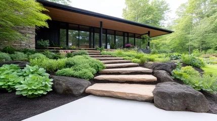 Poster de jardin 3D Stone steps ascend to a modern house. Lush landscaping frames the steps and house. The image is high-resolution, with natural lighting. The style is clean and contemporary. Greens and earth tones c  © PACESTOCK