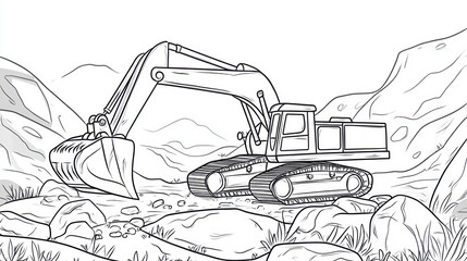 Fototapeta premium Excavator Coloring Page Mountain Landscape