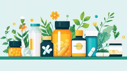 Colorful Bottles of Medicine with Nature Elements