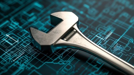Fototapeta premium Silver Adjustable Wrench on Circuit Board Background Displaying Technology