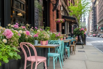 Outdoor café with colorful chairs and blooming flowers on a sunny city street in spring