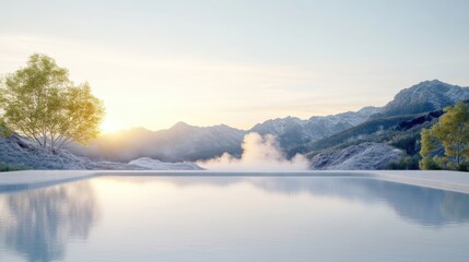 Fototapeta premium Serene mountain pool at dawn. Misty peaks reflect in tranquil waters