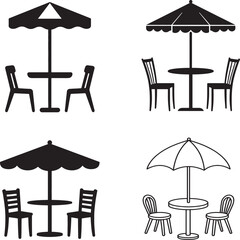 patio table with umbrella cafe chair table umbrela set set of silhouette. patio table with umbrella cafe chair table umbrela set icon set vector on white background © Hena