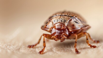 A close-up shot of a bed bug magnified through a handheld magnifying glass placed on a white