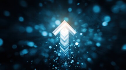 Blue technology up arrow symbol on direction icon background with growth business development concept or success sign increase economy finance price and marketing money progress.