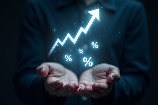 Businessman showing percentage icons and up arrow icons with graph indicators. Concept of financial interest rates and mortgage rates. Interest Rates Stocks Finance Ratings Mortgage Rates.