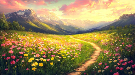 Fototapeta premium Serene Landscape with Blooming Wildflowers and Majestic Mountains