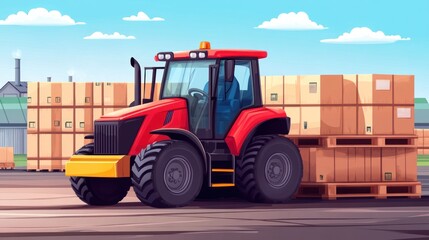 Red Tractor Loading Pallets with Cardboard Boxes at Industrial Warehouse