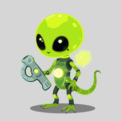 Obraz premium cartoon alien with futuristic weapon, playful sci-fi mascot design, high quality vector art