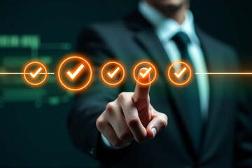 Quality check, Businessman makes a checklist Assessment and questionnaire, businessman using smartphone to do online survey, online digital form check mark Choose the correct answer on the exam.