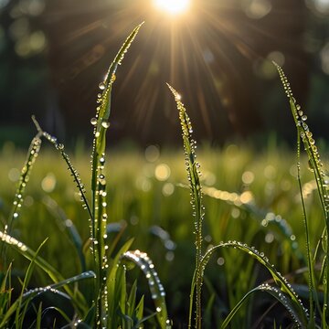 The grass is covered with dewdrops, shining in the morning sun.