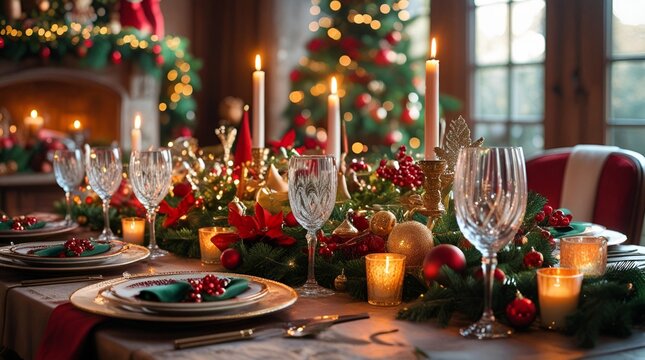 A Christmas table setting with Christmas decorations